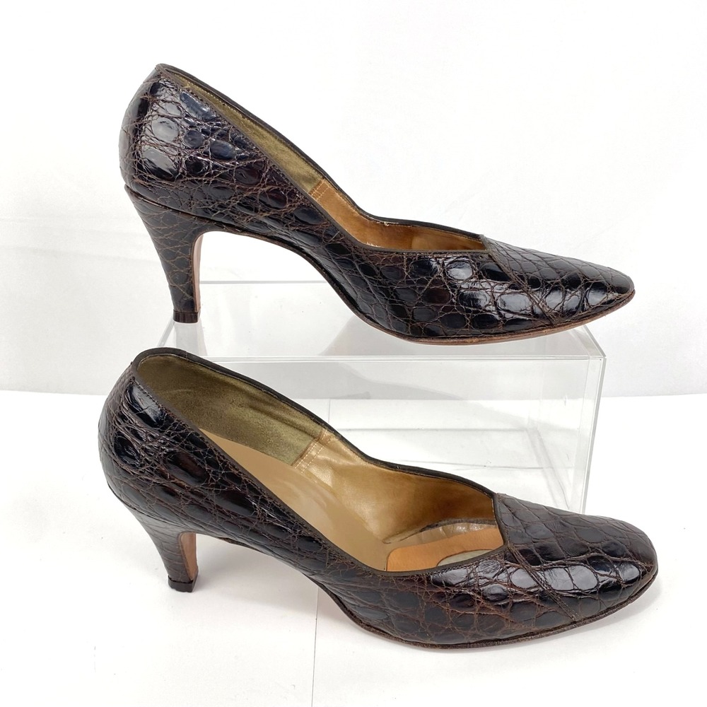 Luxury Leather Pumps Women's 6.5 Brown Croc Embossed All Leather Kitten Heels 37 - Picture 2 of 9
